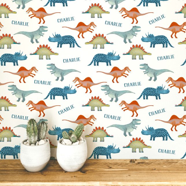 Persoonlijke dinosaurusnaam behang (Fun unique personalized dinosaur wallpaper with child's name for kid's room and nursery)