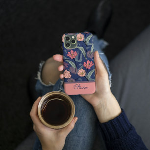 Persoonlijke donkere bloemige tulp patroon telefoo iPhone 15 pro hoesje