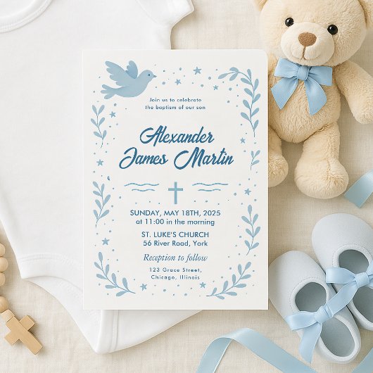 Persoonlijke doopuitnodiging met duif en ster kaart