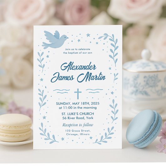Persoonlijke doopuitnodiging met duif en ster kaart