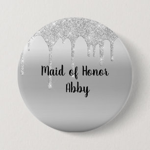 Persoonlijke Druppelende Glitter Zilveren Maid of  Ronde Button 7,6 Cm