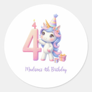 Persoonlijke Eenhoorn 4e Verjaardag Meisjes  Ronde Sticker