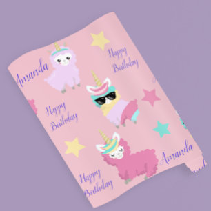 Persoonlijke Eenhoorn Lama Gelukkig Verjaardag Cadeaupapier