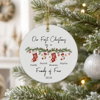 Persoonlijke eerste kerst als gezin van 4 keramisch ornament