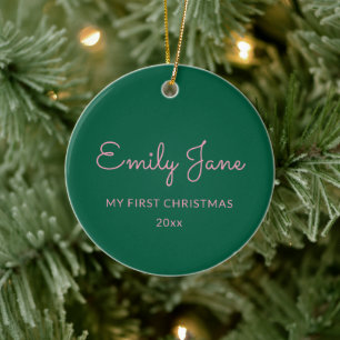 Persoonlijke Eerste Kerst Baby Foto Naam Groen Keramisch Ornament