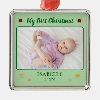 Persoonlijke eerste kerst van baby foto naam metalen ornament