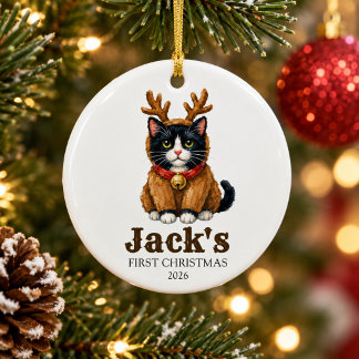 persoonlijke eerste kerstree met tuxedo kat keramisch ornament
