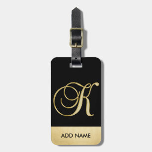 Persoonlijke Elegant Black Gold Monogram Letter K Bagagelabel