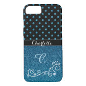 Persoonlijke Elegant Blue Glitter Monogram Naam Case-Mate iPhone Case (Achterkant)