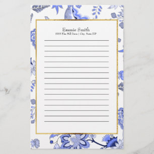 Persoonlijke Elegante Blauwe Bloemmotief Briefpapier