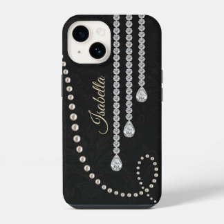 Persoonlijke Elegante Parel en Diamanten op Zwarte iPhone 14 Hoesje