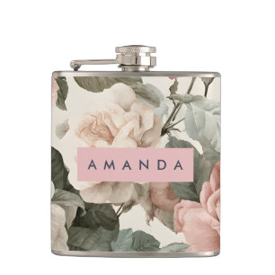 Persoonlijke Elegante Victoriaanse Rozen in Blush Heupfles
