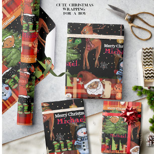 Persoonlijke Elf Jongensnaam Kerstmis Rode Plaid Cadeaupapier