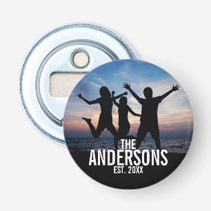 Persoonlijke familiefoto met familienaam button flesopener