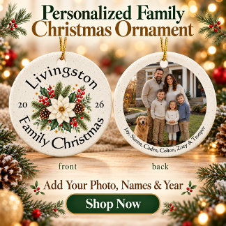 Persoonlijke familiefoto met witte poinsettia keramisch ornament