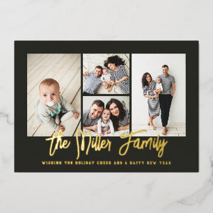 Persoonlijke familienaam 4 Foto Collage Folie Holi Folie Feestdagenkaart