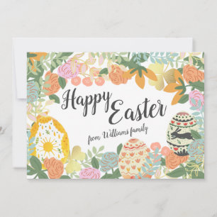 Persoonlijke familienaam Floral Eggs Happy Easter Feestdagenkaart