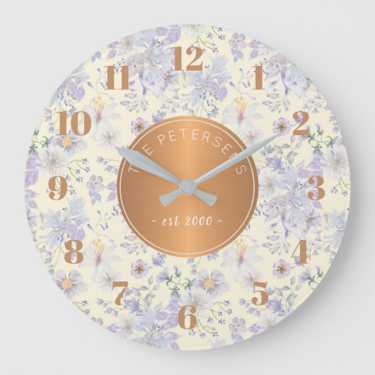 Persoonlijke familienaam Pastel Floral Copper Grote Klok (Voorkant)