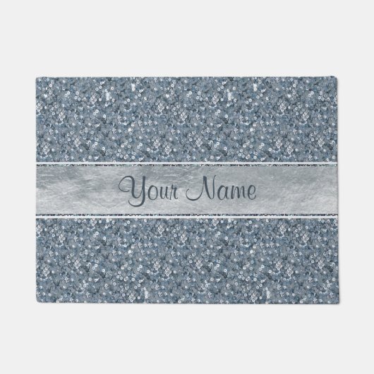 Persoonlijke Faux Blue Sequins Glitter Silver Foil Deurmat (Voorkant)