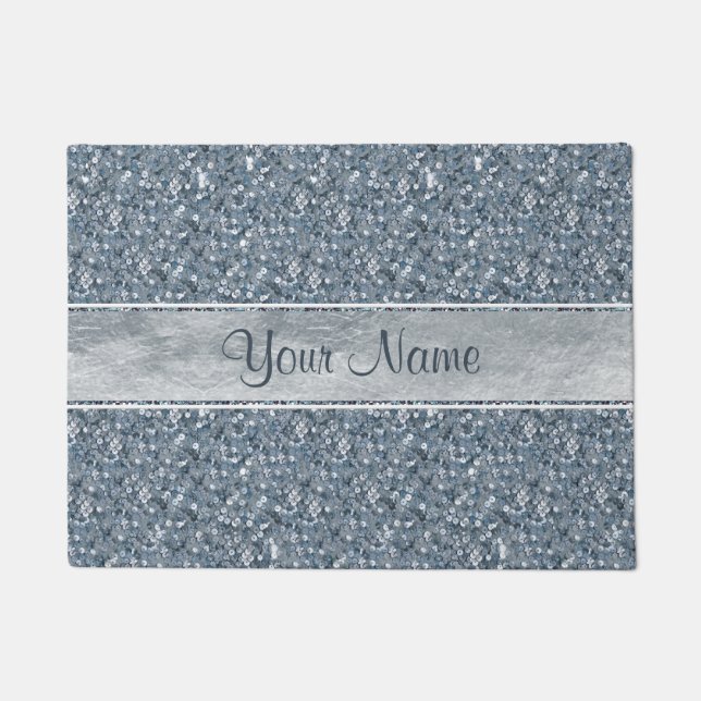 Persoonlijke Faux Blue Sequins Glitter Silver Foil Deurmat (Voorkant)