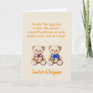 Persoonlijke felicitaties voor baby tweeling, bere kaart