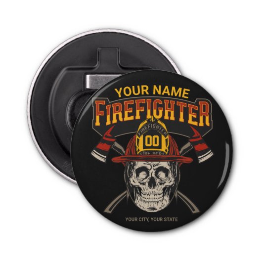 Persoonlijke Fireman Skull Helmet Ax Firefighter Button Flesopener (Voorkant)