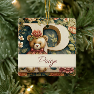 Persoonlijke FLorale teddybeer letter P Keramisch Ornament
