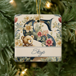 Persoonlijke FLorale Teddybeer letter S Keramisch Ornament