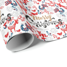 Persoonlijke Folk Art Kerst Rood Blauwe Herten Cadeaupapier