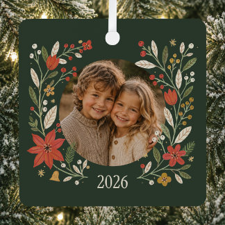 Persoonlijke Folk Bloemige Familie Foto Kerstmis Metalen Ornament