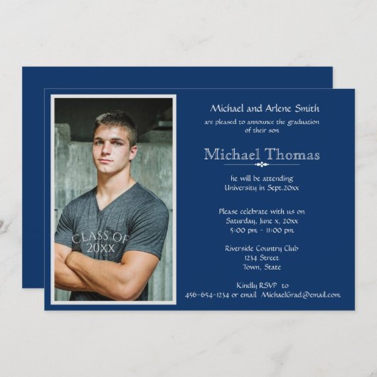 Persoonlijke foto afstuderen in Navyblauw en Wit Kaart (Voorkant / Achterkant)