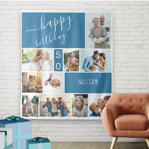 Persoonlijke foto collage in blauw voor elke leeft wandkleed