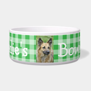 Persoonlijke foto en naam Dog Bowl Green Gingham Voerbakje