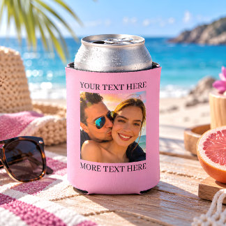 Persoonlijke foto en tekst roze blikjeskoeler