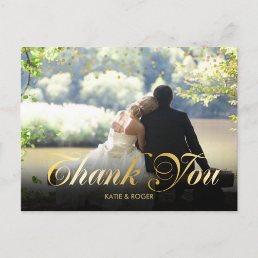 Persoonlijke foto gouden confetti script bedankt briefkaart (Voorkant)