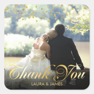 Persoonlijke foto gouden confetti script bedankt vierkante sticker