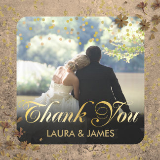Persoonlijke foto gouden confetti script bedankt vierkante sticker