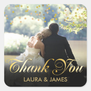 Persoonlijke foto gouden confetti script bedankt vierkante sticker