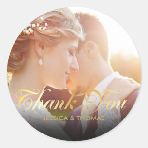 Persoonlijke foto gouden script bedankt ronde sticker