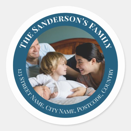 Persoonlijke foto in Turquoise Circle met teksten Ronde Sticker (Voorkant)