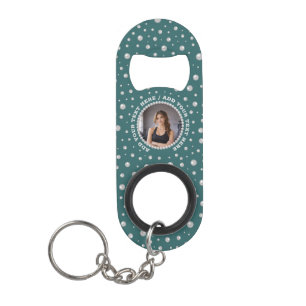 Persoonlijke foto met parels cirkel op turquoise mini flessenopener