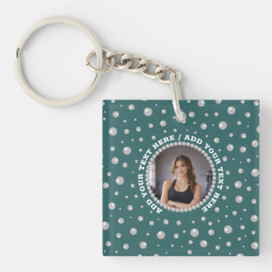 Persoonlijke foto met parels cirkel op turquoise sleutelhanger
