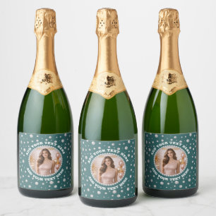 Persoonlijke foto met parels cirkel op turquoise sparkling wijnetiket