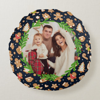 Persoonlijke foto Schattige peperkoek Kerst Navy Rond Kussen
