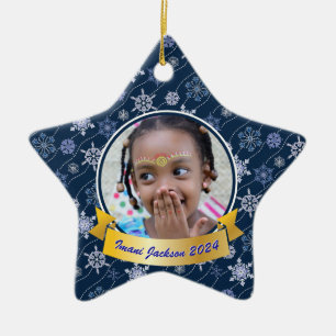 Persoonlijke foto-Snowflake Navy Blue Star-vorm Keramisch Ornament