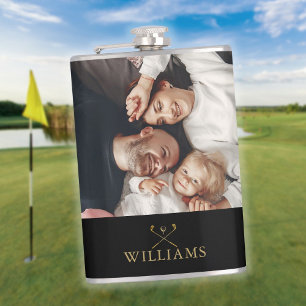 Persoonlijke foto zwarte en gouden golfclubs heupfles