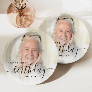 Persoonlijke foto zwarte script 80ste verjaardag papieren bordje