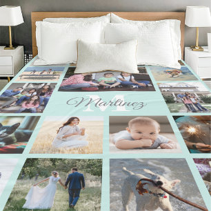Persoonlijke Fotocollage Lichtblauw & Grijs Schrif Fleece Deken