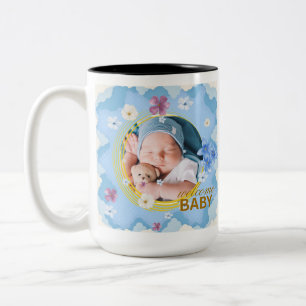 Persoonlijke Fotokop 'Welkom Baby Jongen' Tweekleurige Koffiemok