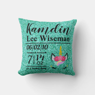 Persoonlijke Geboorte Eenhoorn Teal Glitter Kussen